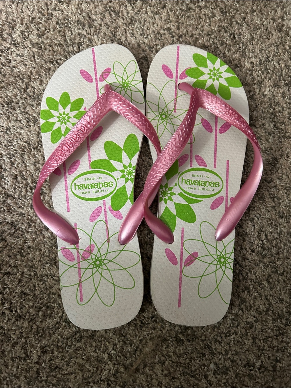 Havaianas White Flip Flops with Pink Straps and Green Floral Print USA 9